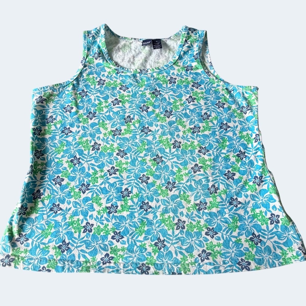 VTG Y2K Basic Editions Hibiscus Floral Tank Top 2X Blue Green Tropical Hawaiian